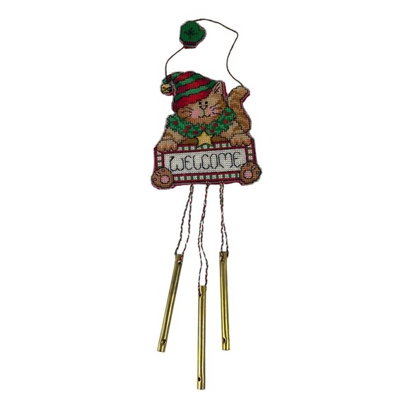 Handmade Finished Cross-Stitched Christmas Kitty Cat Welcome Sign Wind Chimes - Picture 2 of 7